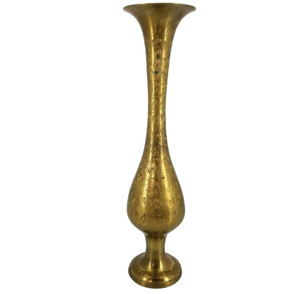 Vintage Brass Vase Flower Floral Three Etched India Home Decor 11.50" to 4.50" - Picture 7 of 11